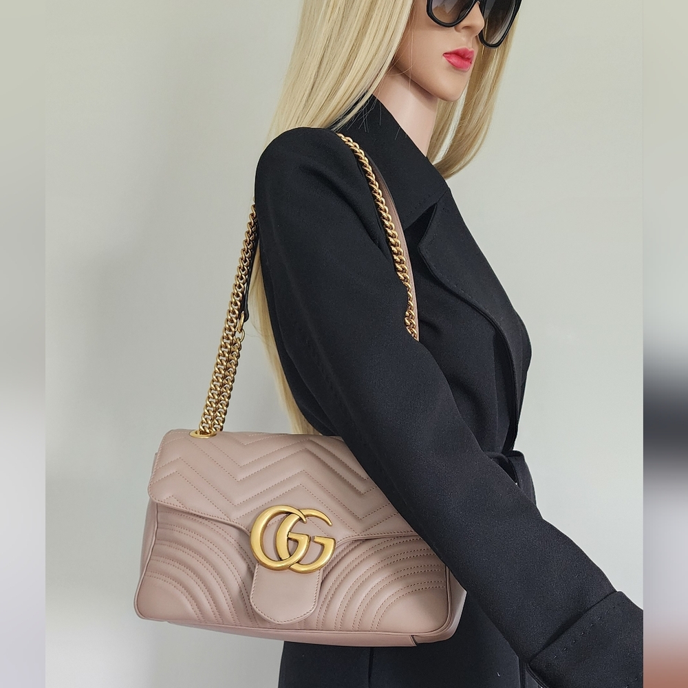 GUCCI MARMONT CALFSKIN MATELASSE MEDIUM GG SHOULDER BAG ROSE